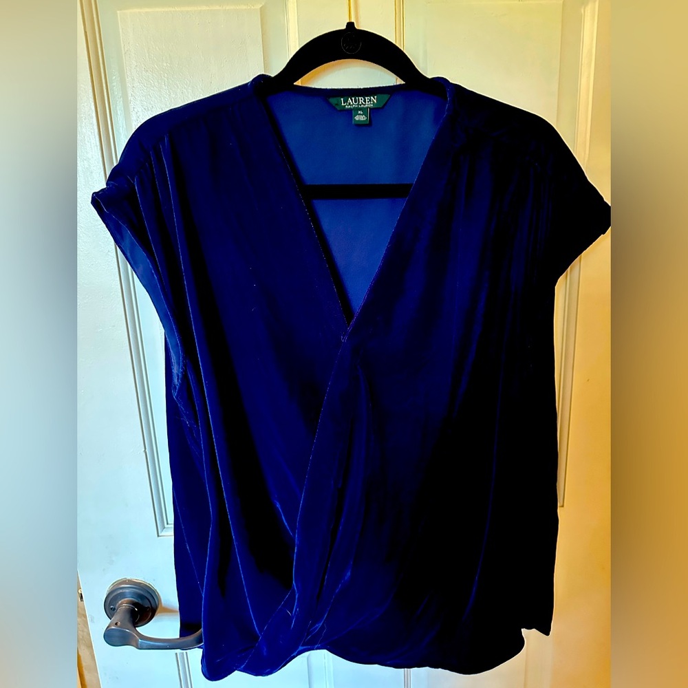 Ralph Lauren Sapphire Blue Velvet SS Wrap Top